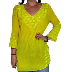 Calypso St. Barth Lime Green Sequin Tunic Blouse Size S Embellished Gauze